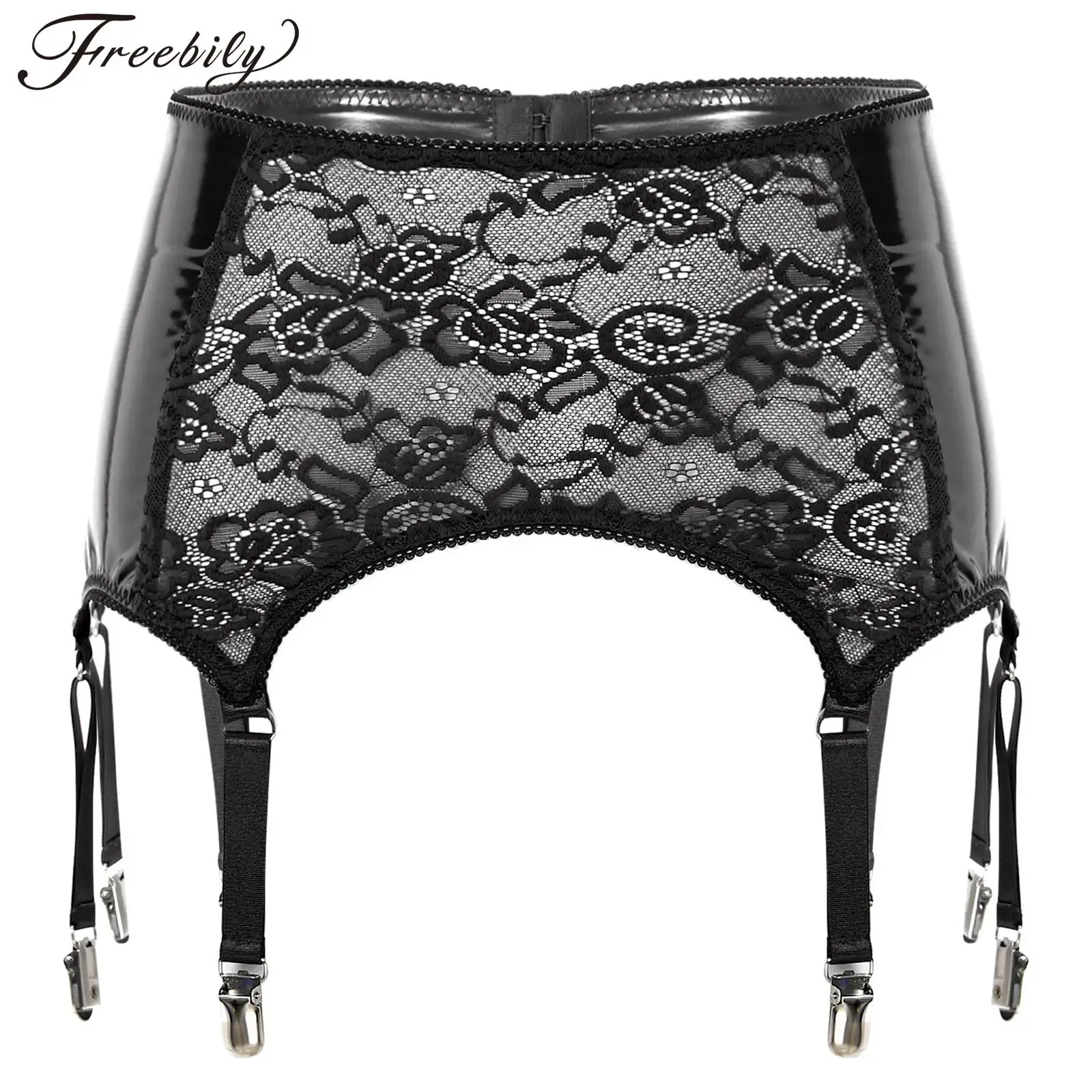 Women Floral Lace Suspender Garters Suspender PU Leather Garter Belt with 6 Metal Clips for Thigh High Stockings Sexy Lingerie