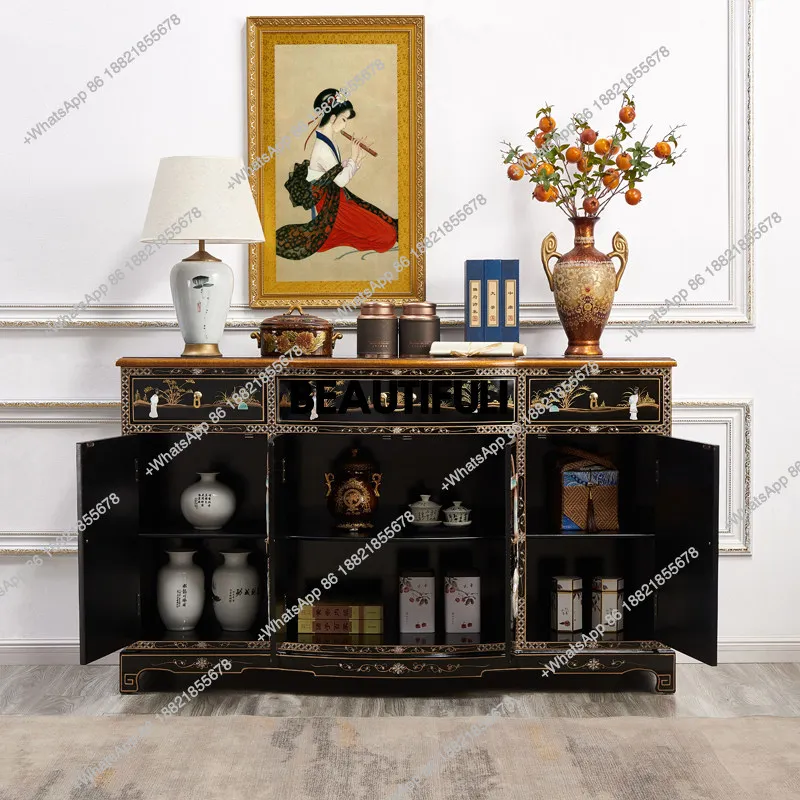 

Lacquered solid wood porch cabinet Luodian craft dining side cabinet Shell storage Ming and Qing classical furniture cabinet