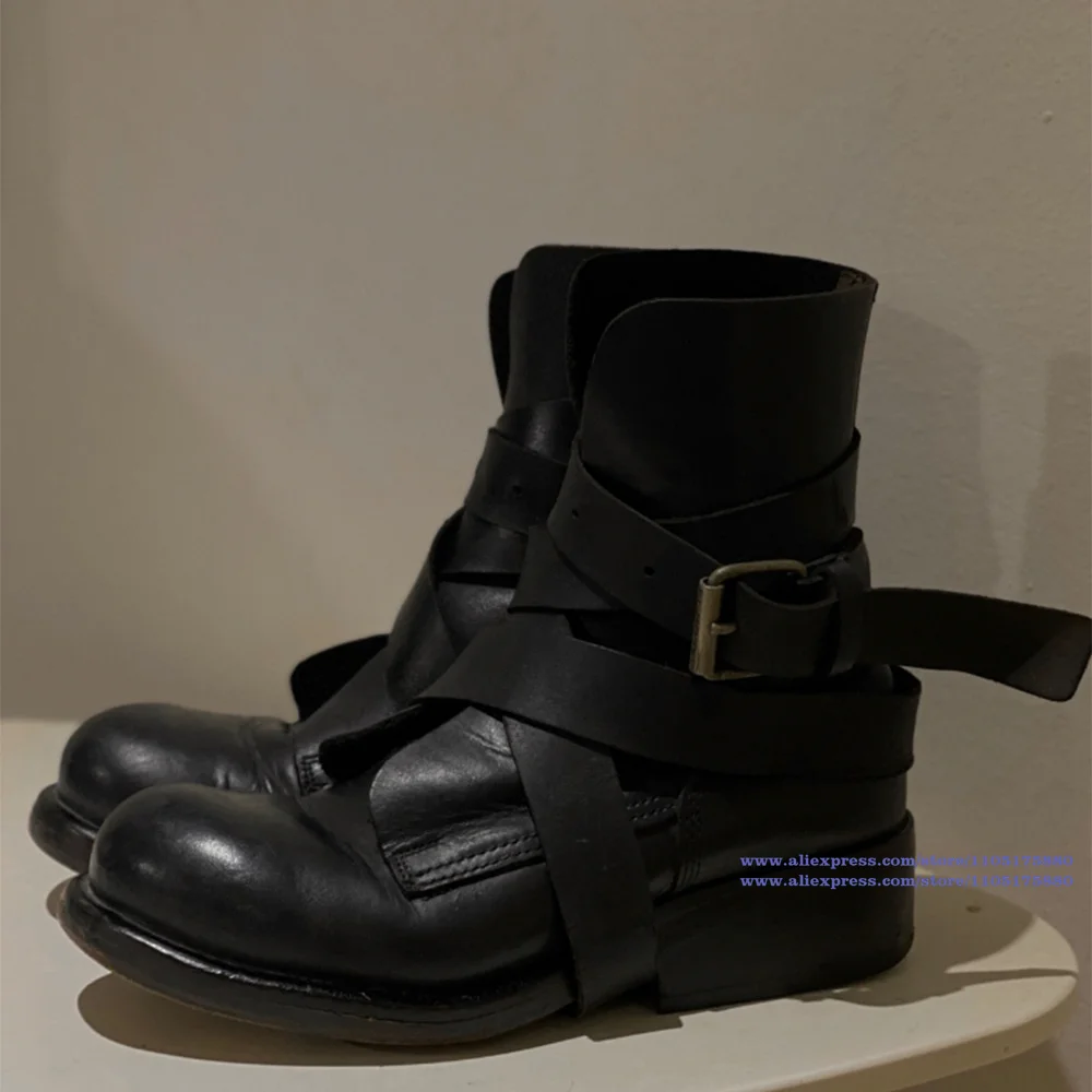 

Thick Soled Belt Wrapped Ankle Boots Black Leather Lace-Up Motorcycle Women's Boots Round Toe Designer Women's Shoes Botas Mujer