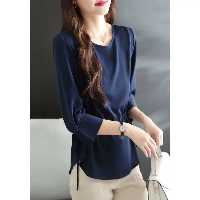 Summer New Thin Chiffon Lacing White Top Shirts 3/4 Sleeve Round Neck Solid Color Loose Blouse Office Elegant Women Clothing