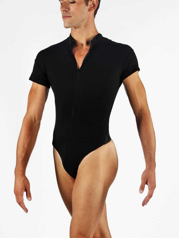 Men's Stand-up Collar Balet Leotard Invisible Zipper Short-sleeved One-piece T-shirt Jumpsuit Ballet Dance Undershirt