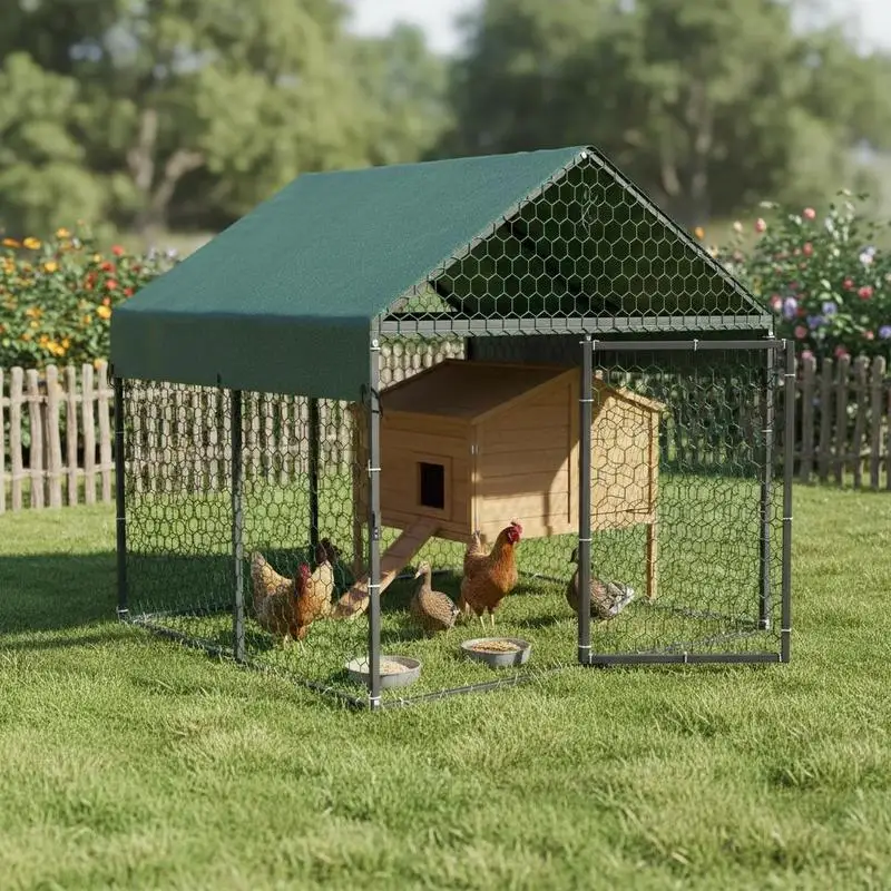 Metal Icken Coop 3,3x6,6x3,3 ft voor kippen, konijnen, eenden, dubbele deuren, spitsdakontwerp, duurzame stalen constructie, efficiënte ruimtebesparing