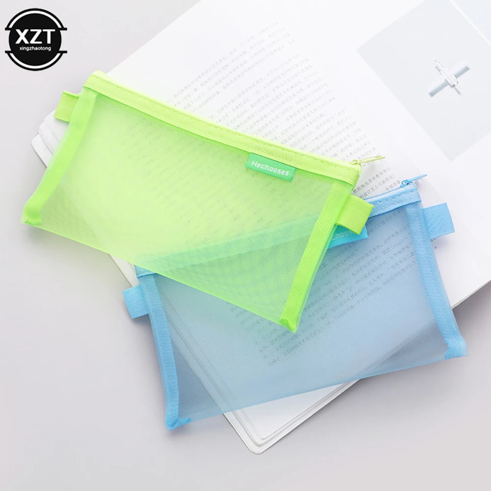 1PC Simple Transparent Mesh Pencil Storage Bag Cute Square/Oval Portable Pen Pouch School Office Supply Stationery Case