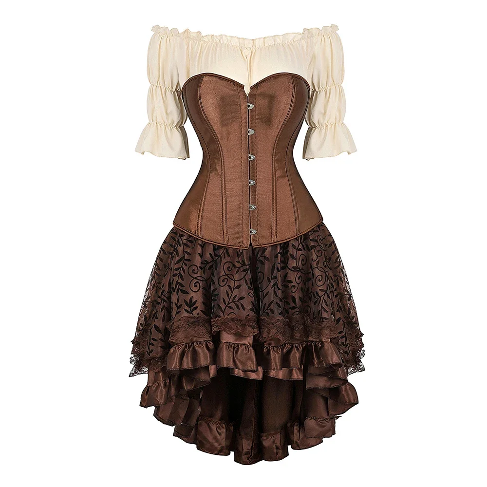 Brown Pirate Dress Plus Size Faxu Leather Steampunk Corset Dress with Shoulder Off Blouse Cosplay Pirate Costume for Women