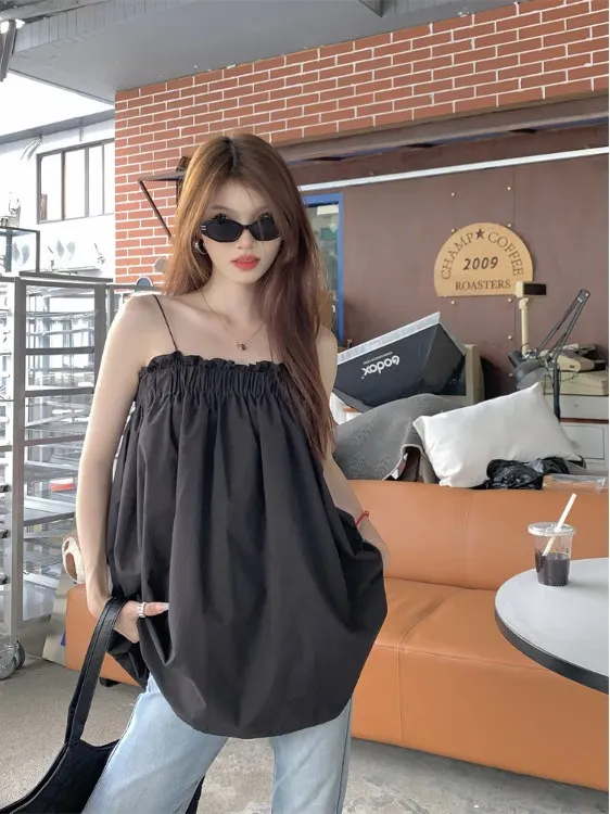 Off-oulder Doll irt Strap Vest Women Summer New Bla Loose Thai Sle Mid-Length Meat-Covering Top Outdoor Wear