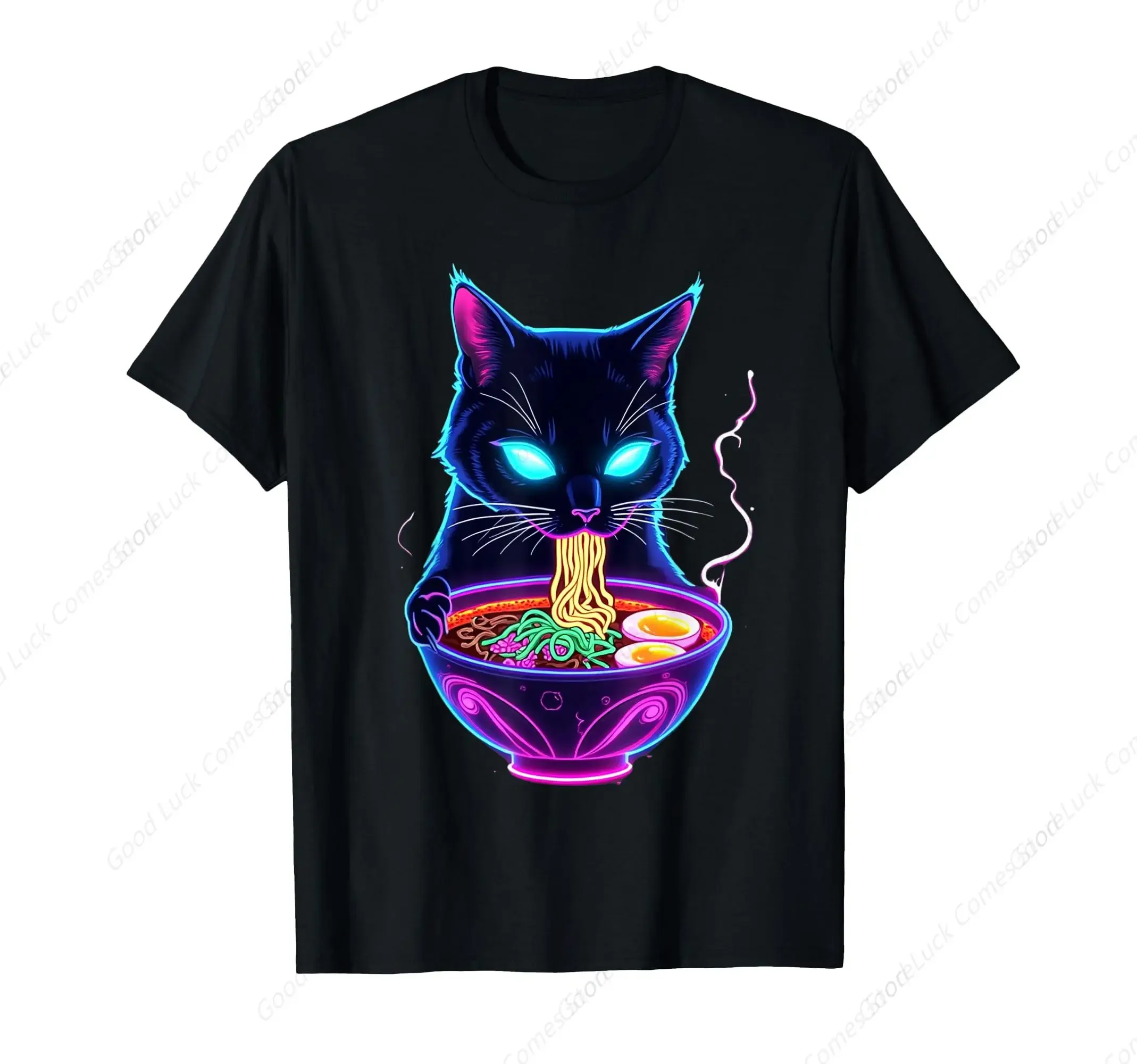 

Neon Black Cat Eating Ramen Noodles Graphic T-Shirt Breathable Cotton Crew Neck Tee for Men