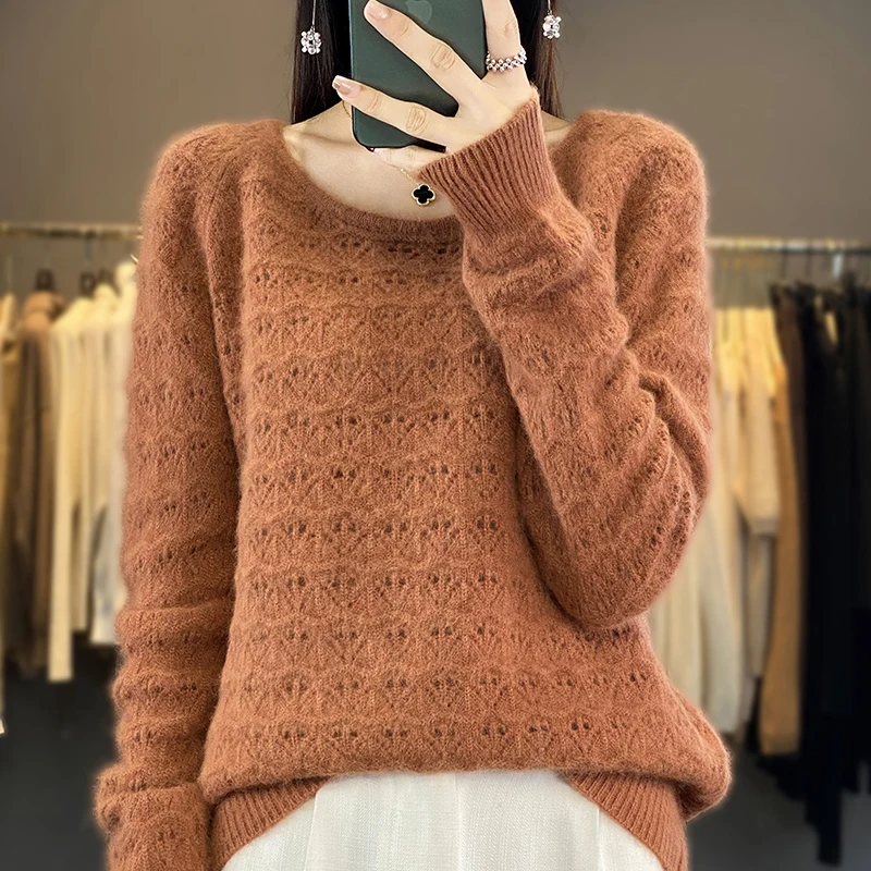 Autumn and Winter New Mink Cashmere Sweater Women\'s Loose Knit Pullover Low O-Neck Fashion Hollow-Out Long Sleeves Hot Jumper