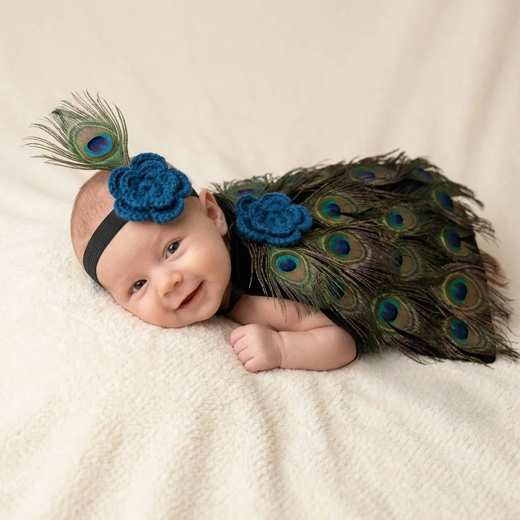 Ensemble d'accessoires de photographie pour nouveau-nés - Jupe tutu et bandeau en plumes de paon - Tenues photo pour bébés