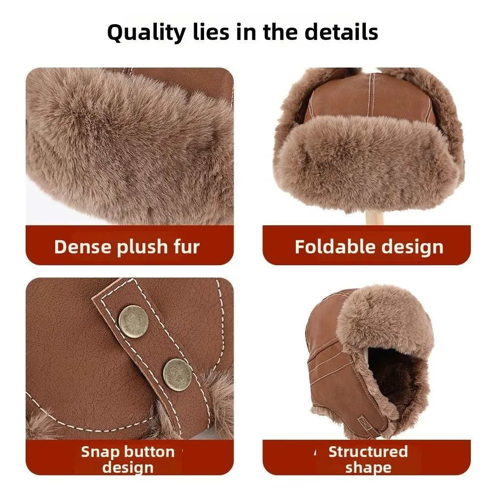 New Faux Fur Lining Trapper Hat Fastening Chin Strap Waterproof Earflap Hat Warm Bomber Hat Skiing