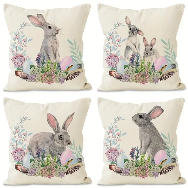 

Happy Easter Pillow Cover Home Celebration Decoration Rabbit Flower Egg Print Sofa Chair Cushion Cover Room Decoration