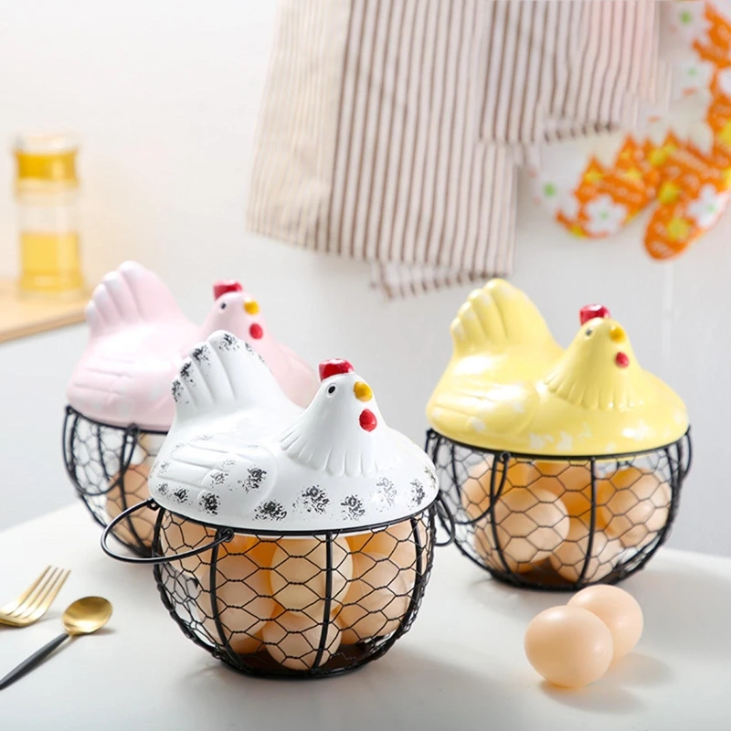 F1CD Egg Holder Iron Chicken Shape Ceramic Hen Ornament Fruit Storage Basket Durable Suitable For Storing Fruits Egg Durable