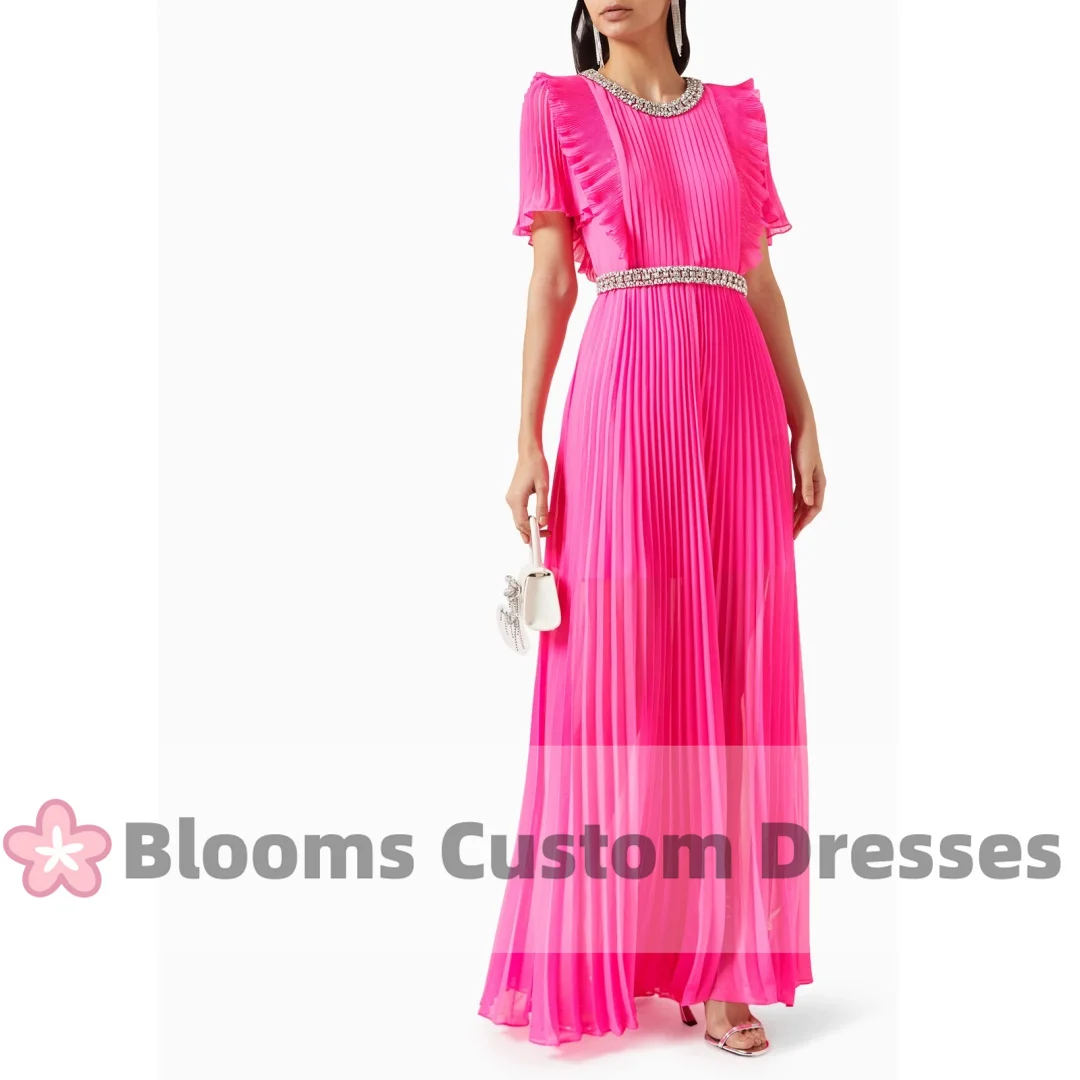 

Blooms Pleated Chiffon Evening Dress Shiny Beads Formal Party Gown Ruffles Prom Dress For Wedding robes invitée mariage