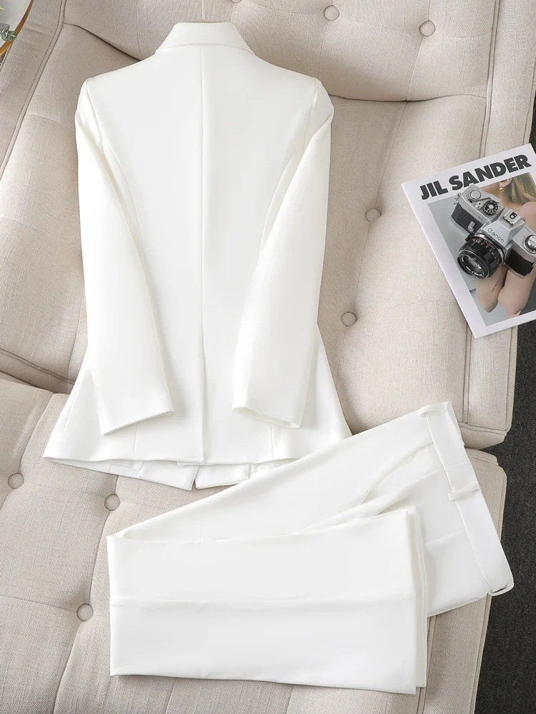 White Professional Suit Set for Women Commute Interview Elegant Small Stature Career Women's Outerwear Double Breasted Regula...