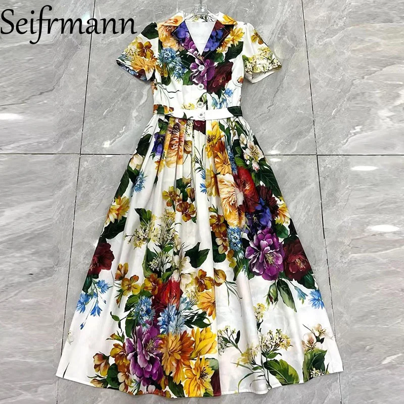 فستان Seifrmann كاجوال بنمط العطلة للنساء برقبة مربعة وحزام سباغيتي بدون ظهر فساتين قطنية مطبوعة بالزهور