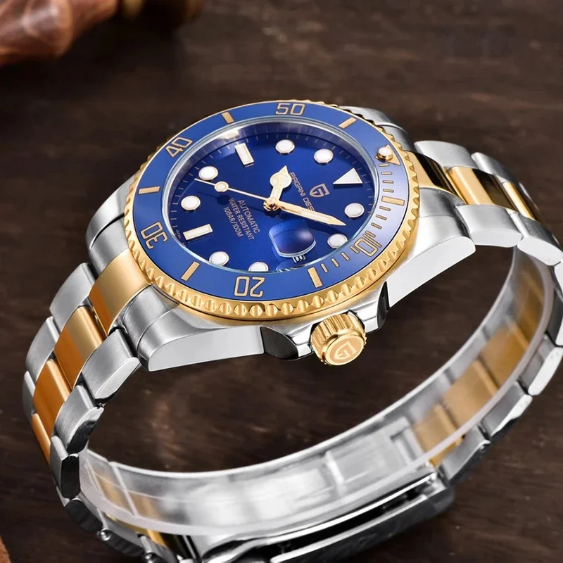 PD-1639 8215 PAGANI DESIGN Men Business Automatic Watch, Two-tone Gold Silver Steel Band Luminous Diving Watch
