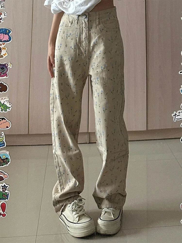 

American Retro Floral Straight Leg Denim Jeans Women's Autumn Winter Loose Drapey Slimming Small Size Wide Leg Pants