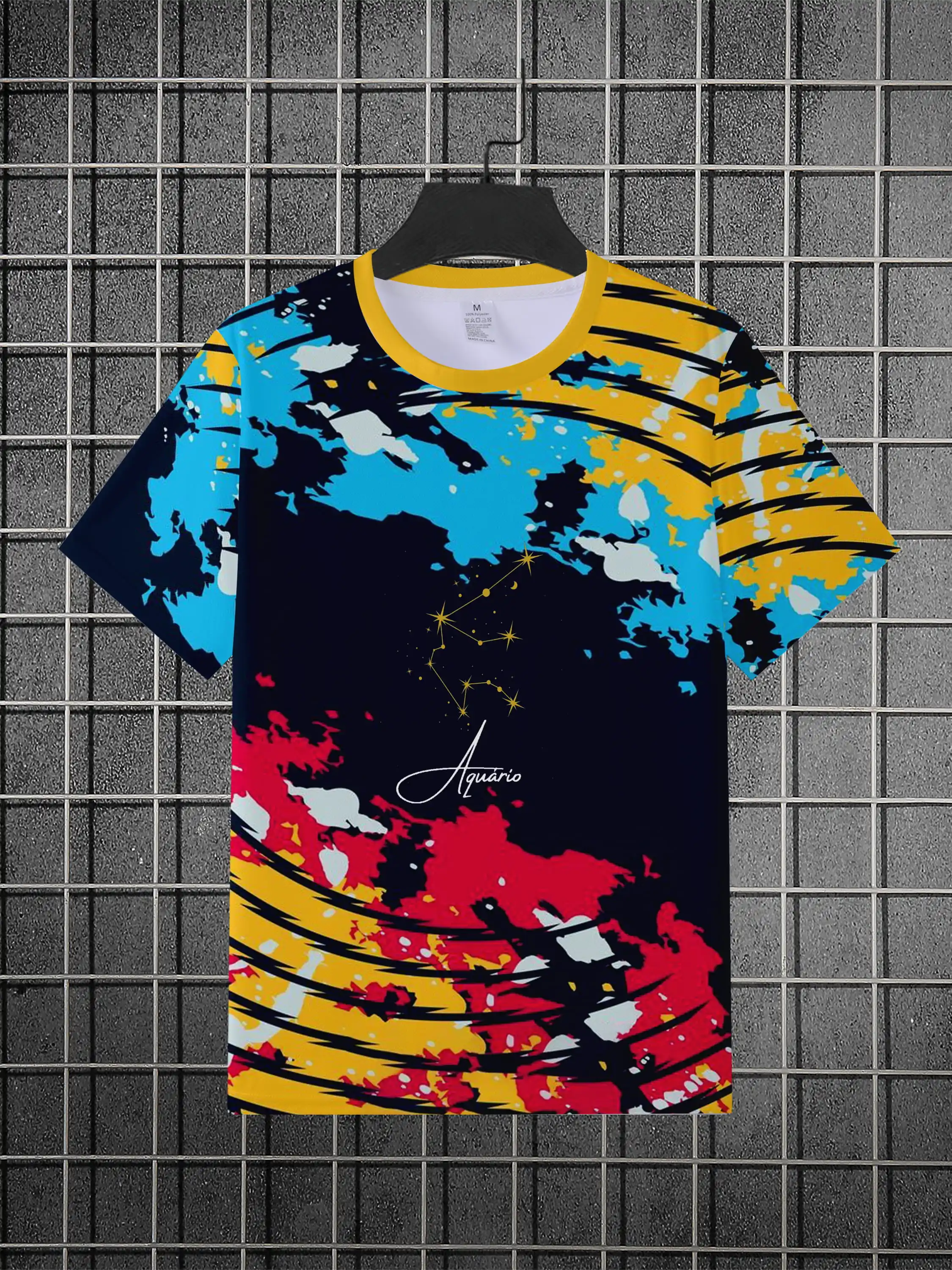 Men Blue Red Yellow Splash Ink Stripe Constellation Signature Print Crew Neck Short Sleeve T-shirt