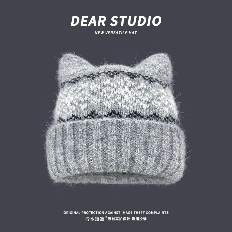 Cute Cat Ear Knit Beanies for Men Women Soft Fuzzy Blend Winter Warm Hats Retro Fair Isle Jacquard Pattern Streetwear Skullcap
