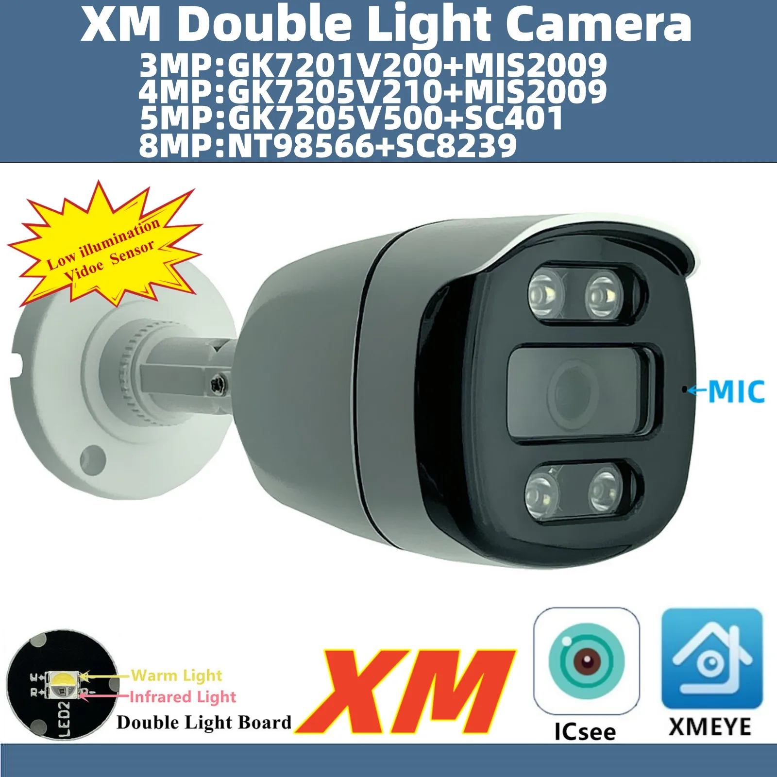 4K 8/5/4/3MP H.265 Double Light H.265 Built-In MIC IP Bullet Camera NT98566+SC8239 IRC ONVIF ICsee XMYE P2P NightVision Indoor