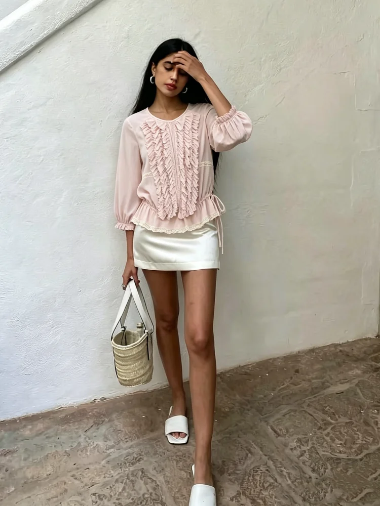 

Pink Ruffled Lace Trim Summer Women's Suit Round Neck Long Sleeve Drawstring Waist Blouse 2026 Casual Elegant Vintage Style Tops