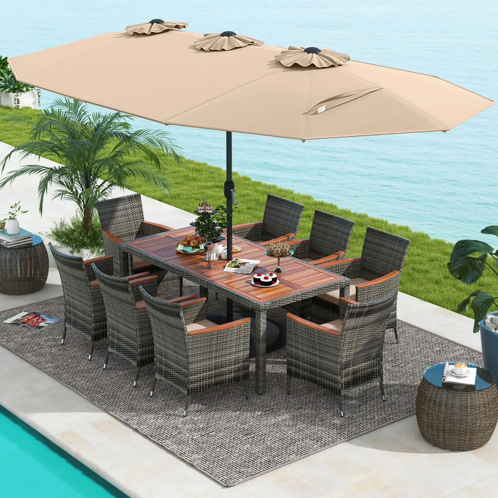 10 Pieces Patio Wicker Dining Set with Double-Sided Patio Umbrella 8 Armchairs Coffee