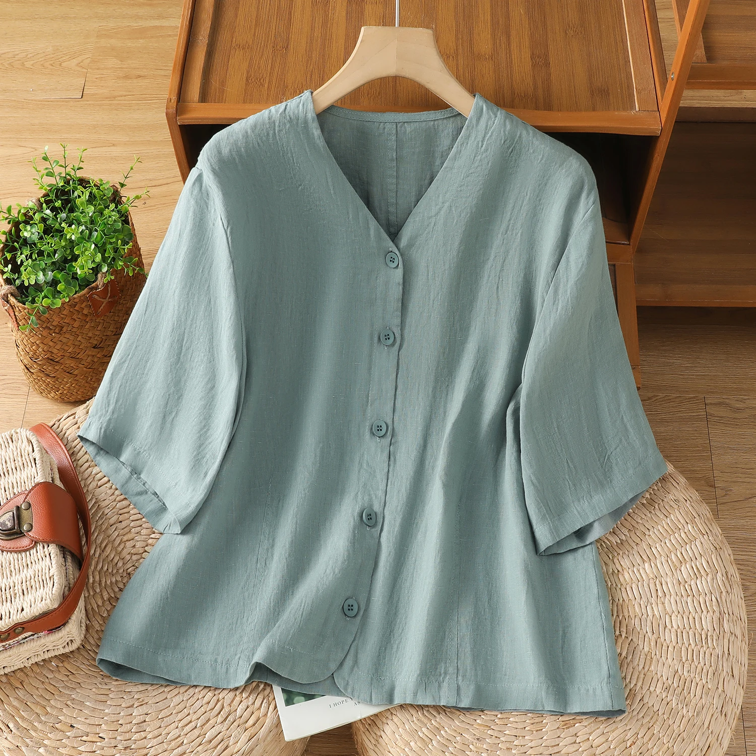 Casual Cotton Linen irt Women's Pure Color V-ne Mid-sve Single-button Coat Open Cardigan Top Commute Sle Loose Fit