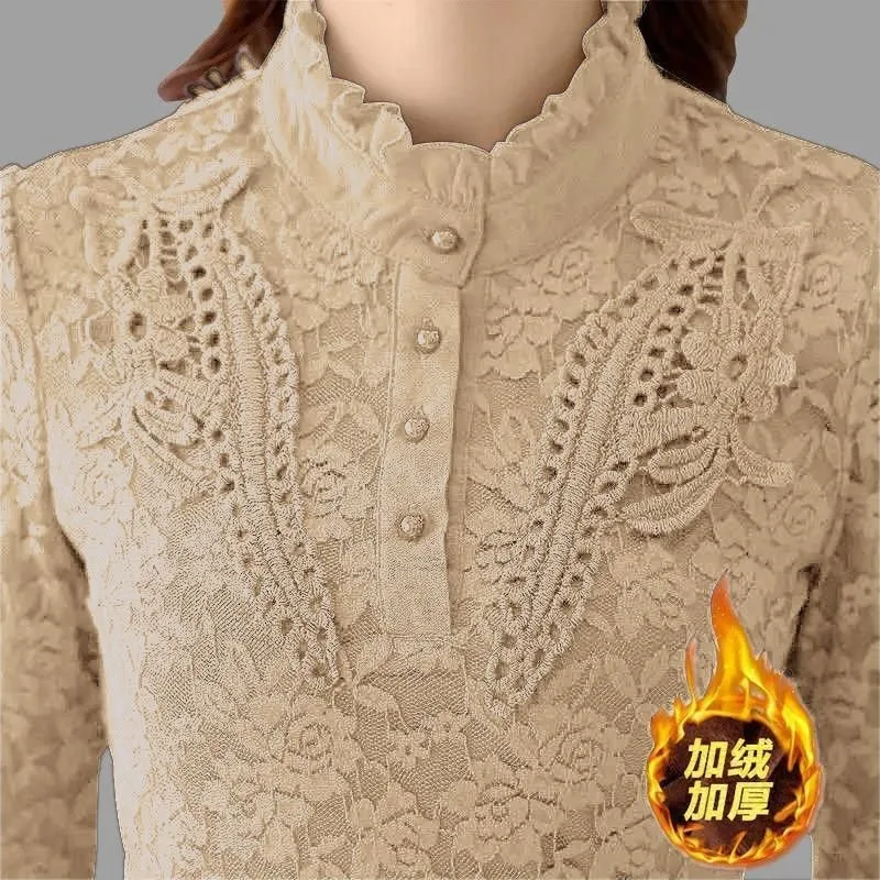 

Women's Velvet Lace Bottoming Shirt Long-sleeve D Embroidered Autumn and Winter Thickened Warm Shirt T-shirt Top