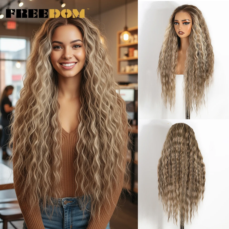 

FREEDOM Curly Synthetic Lace Front Wigs For Women 6x4 Pre Plucked Wear And Go Pre Cut Glueless Wig Ombre Brown Ginger Lace Wig