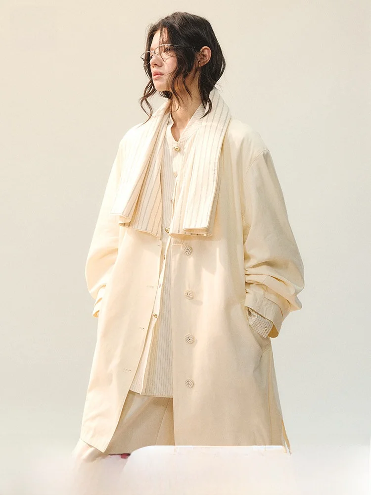 

AnnoMundi Women's Loose Fit Striped Patchwork Mid-Length Coat Spring 2026 Long Sve Cotton Lyocell Blend Windbreaker