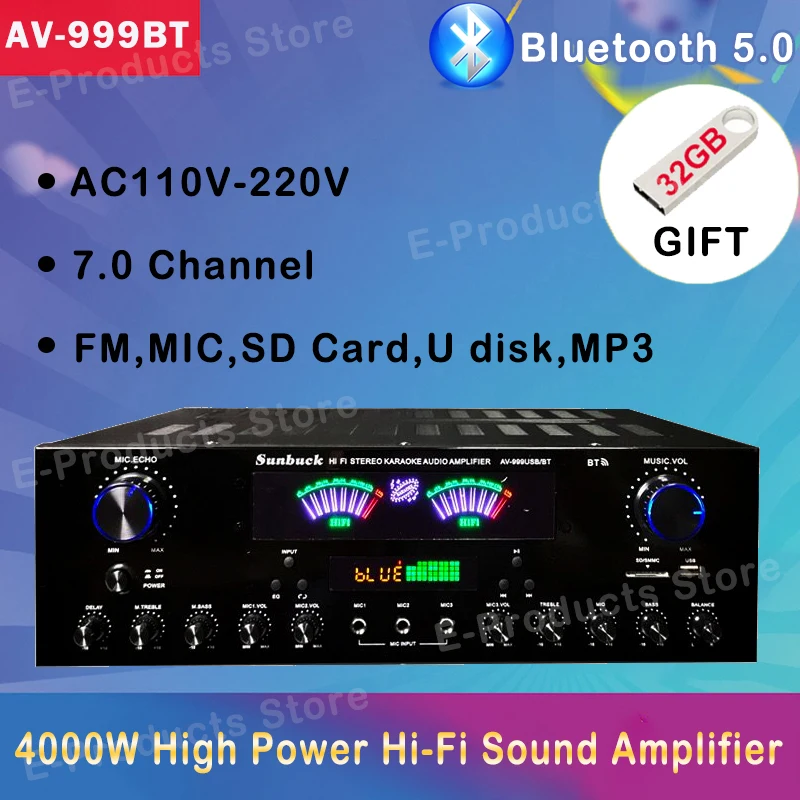 AV-555BT/999BT Max 4000W Bluetooth Sound Amplifiers Dual Dynamic Screen HiFi Digital Stereo Amplify For Home Car Theatre Karaoke