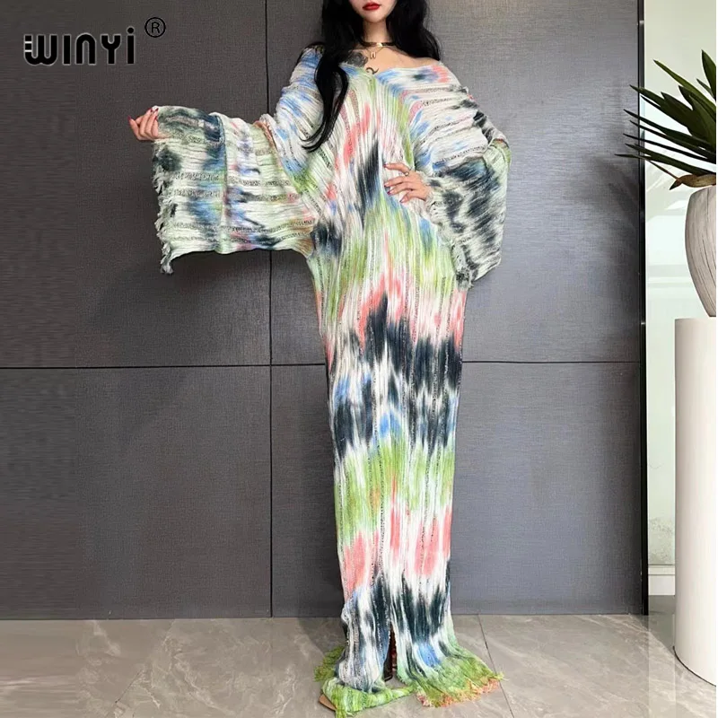 WINYI fashion print summer V-neck Knitted hollow sexy long dress Elegant party Evening dress Women Beachwear long sleeve dress