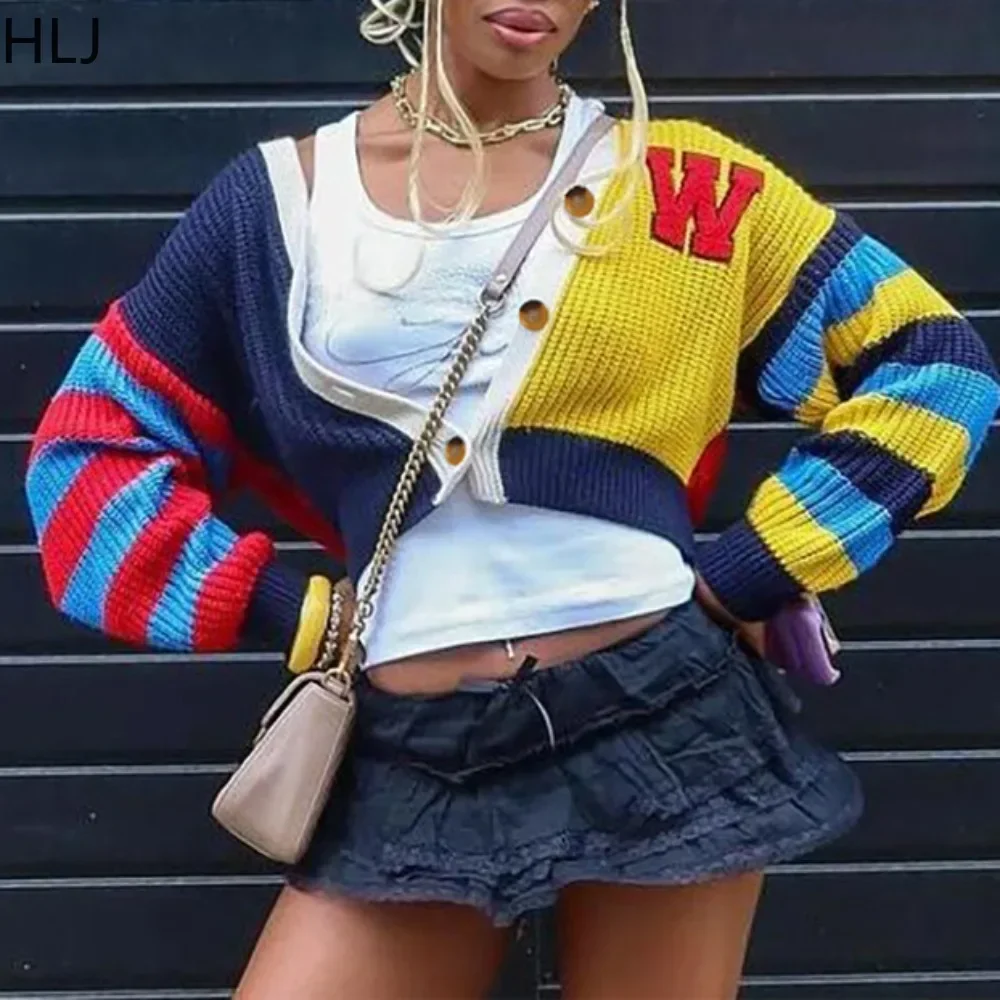 HLJ&GG Fashion Multicolor Patchwork Knitting Two Piece Sets Women Button Long Sleeve Crop Top And Mini Pleated Skirts Outfit