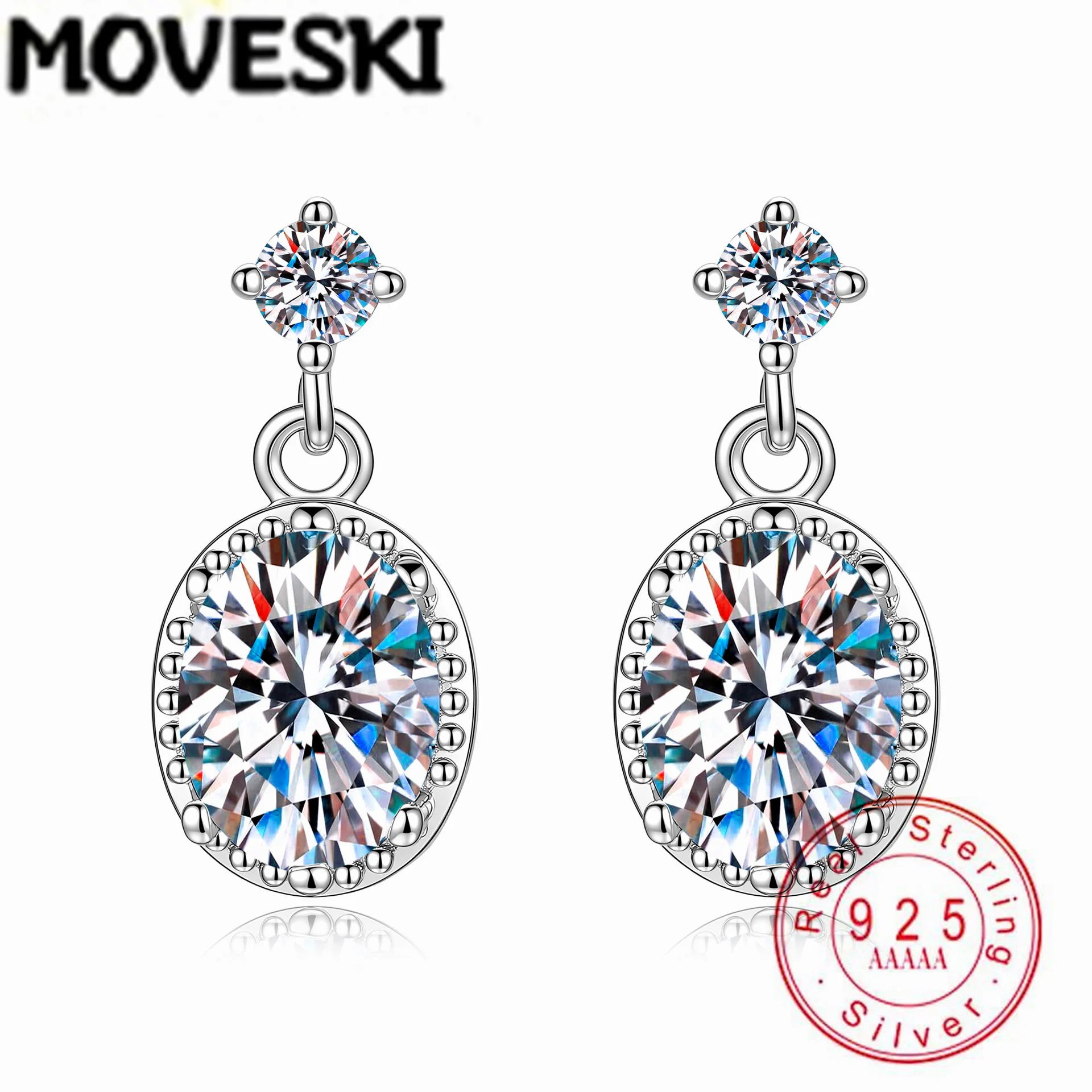 MOVESKI 2CT D Color VVS1 Moissanite Earrings 925 Sterling Silver Oval Cut with Small Top Stone Drop Fine Jewelry