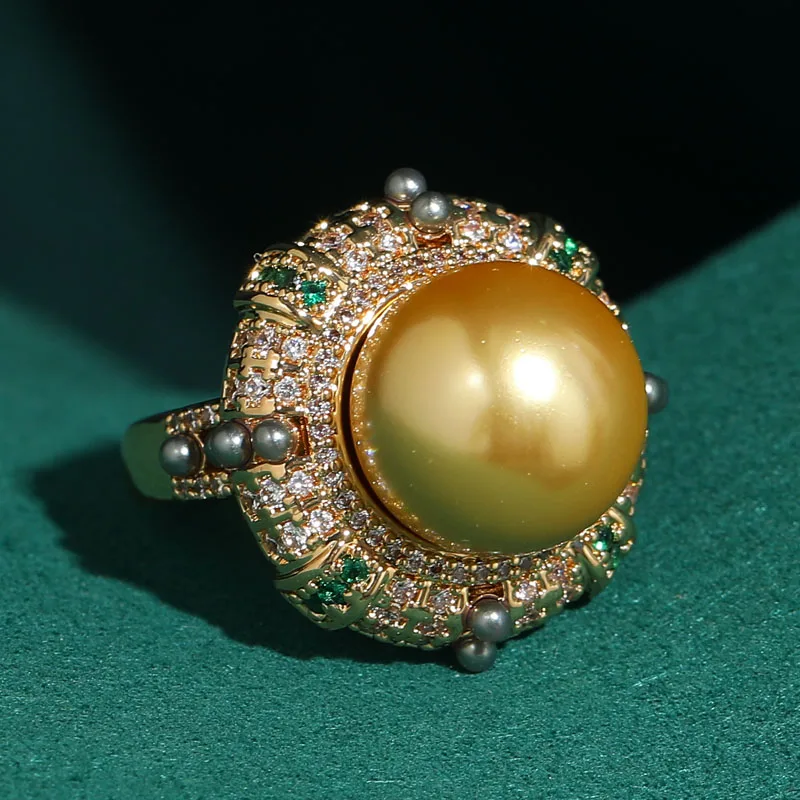 

Vintage Yellow Pearl Ring Natural Jewelry Rhinestone Designer Antique Gold Color Luxury For Women 2026 New Trend Mother Day Gift