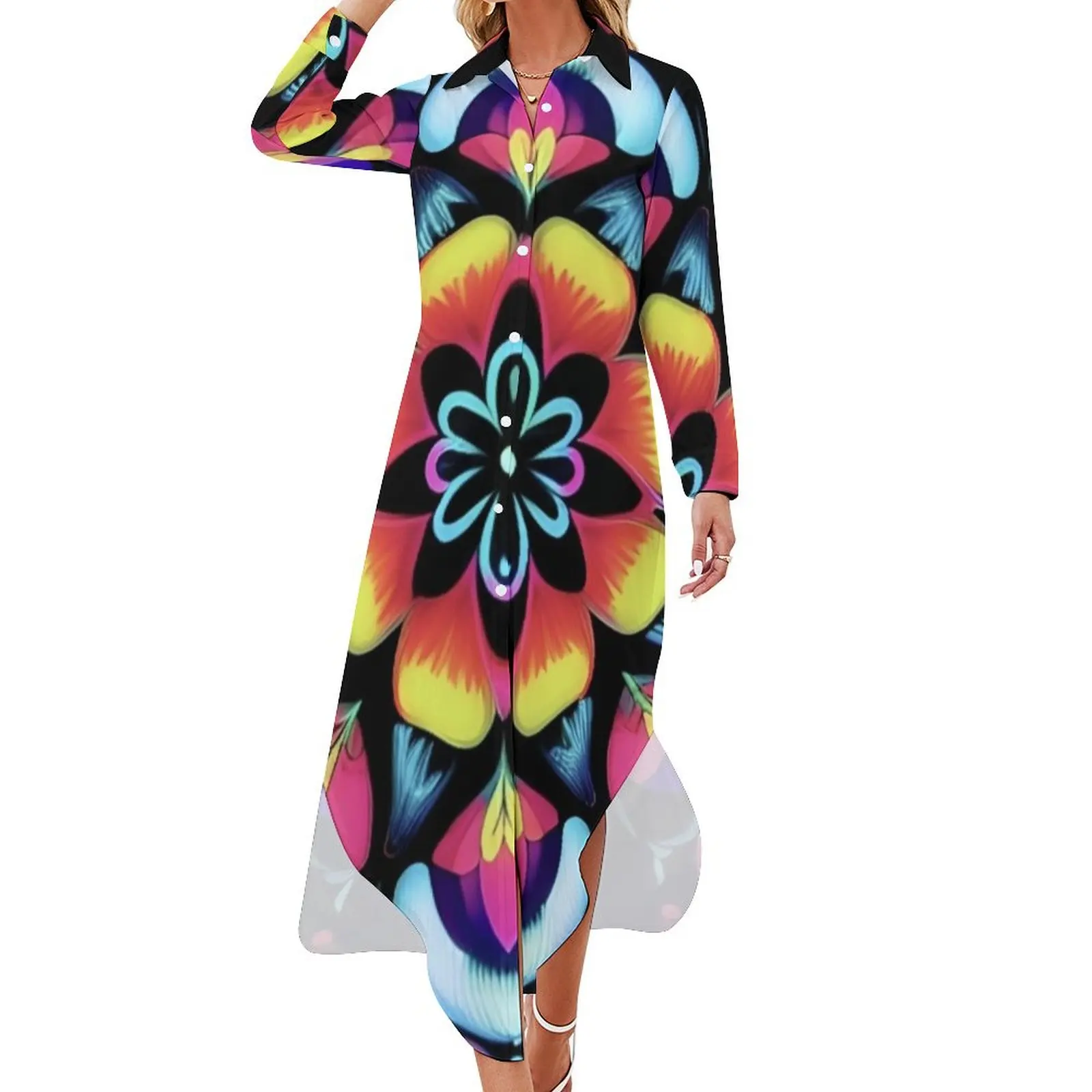 

60s style neon flowers Long Sleeved Shirt Dress woman dress elegant dresses for women