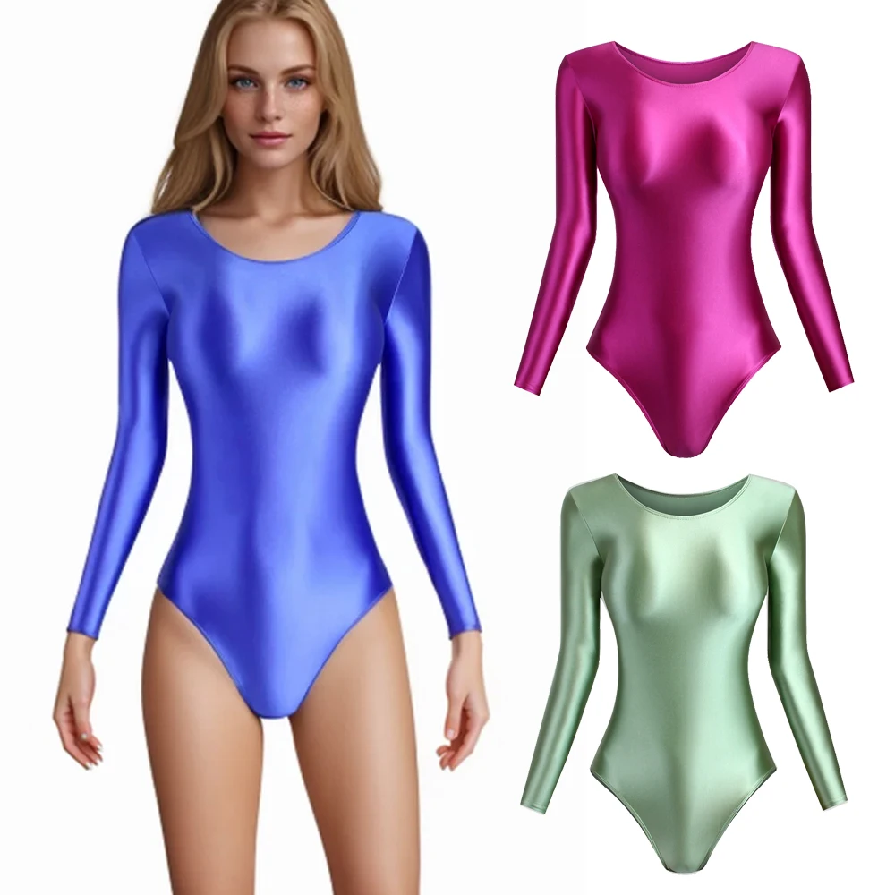MJINM Women's Sexy One-Piece Swimsuit Long Sleeve T-Back Leotards Round Neck Shiny Solid Opaque Bodysuit Sport Tights Swimwear