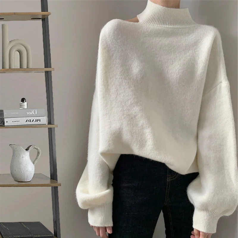 Women Turtleneck Off Shoulder Sweater Fall Causal Long Sleeve Pullovers Sexy Hollow Out Loose Sweater Winter Solid Warm Knit Top