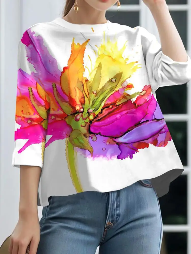 

Lemongor 2024 New British Style Contrast Color Flower Printed T-Shirts Women Spring Summer Round-Neck Casual Elegant Tops