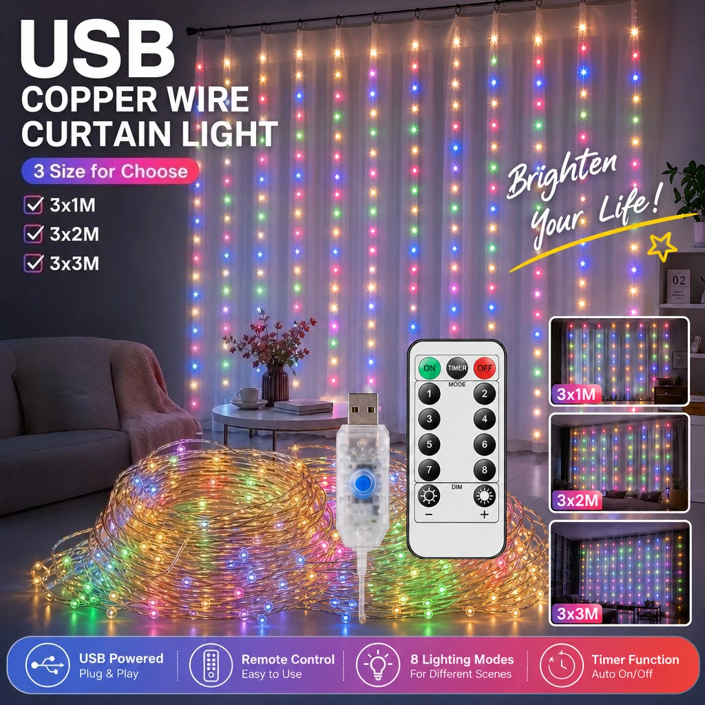 USB Remote LED Curtain Lights Copper Wire String Lights 8 Modes Window Fairy Lights Christmas Wedding Bedroom Decor