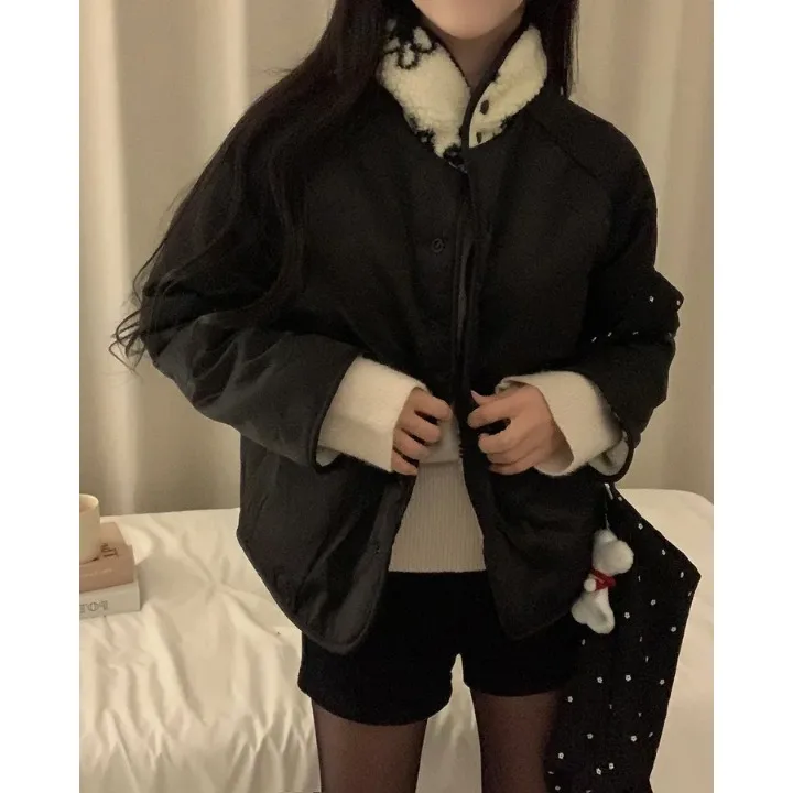 Women's Chic Lamb Fur Jaet Autumn Winter New Sle Printed Long Sve Double-Sided Wear Korean Version Fluffy Outerwear