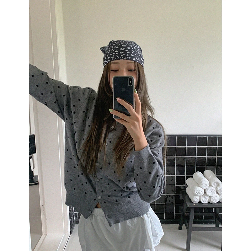 

Polka Dots Knitted Cardigan Women Korean Cropped Print Sweater Outerwears Fashion Long Sleeve Knitwears Winter Casual Jumpers