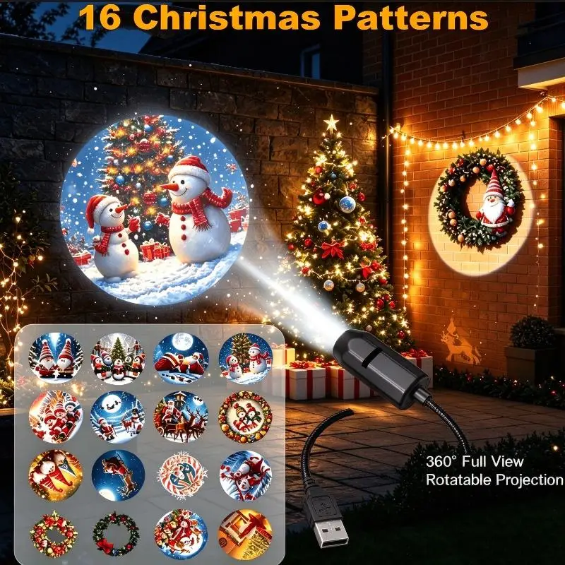 New USB Projector Light With 16 Patterns Santa Snowman For Bedroom Living Room Home Decoration