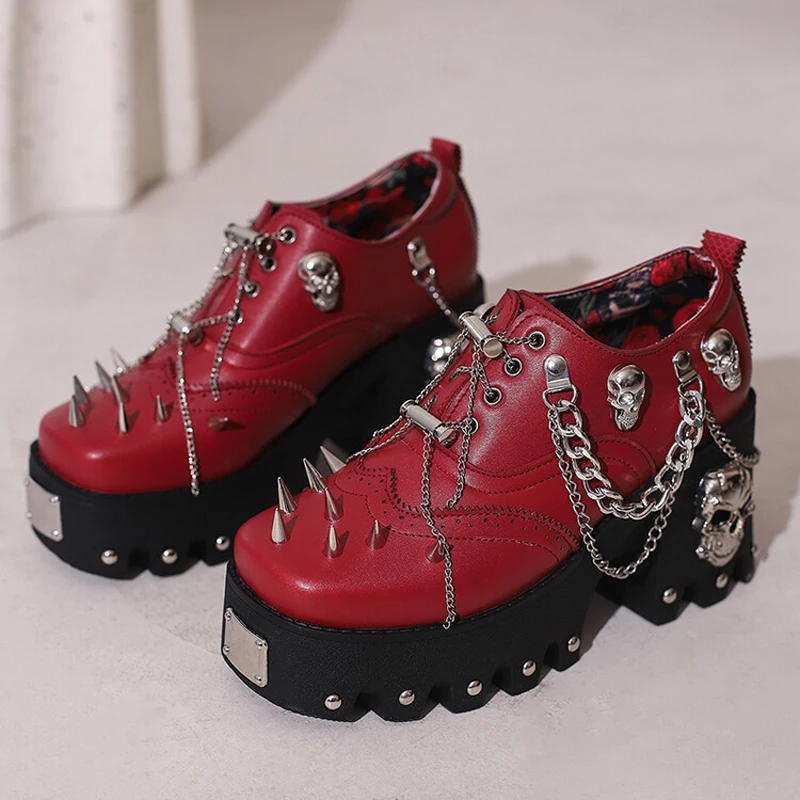 Large Size 46 Rocky Style Metal Skull Decor Pumps Fashion Rivets Chunky Heels Shoes Women Lace Up Chain Causal Booties