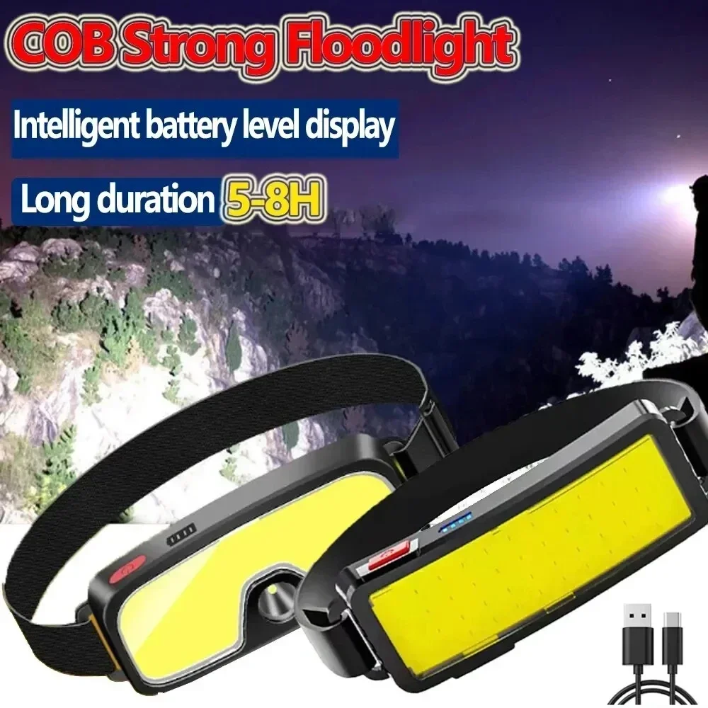 Przenośny reflektor LED COB latarka czołowa wbudowana bateria USB akumulator zewnętrzna latarka czołowa do montażu na głowie Camping polowanie