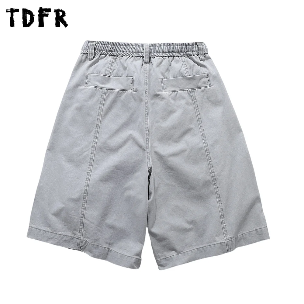 Solid Color Pleated  Cargo Pants Mens Summer Safari Style Drawstring Elastic Waist Loose Wide Leg Knee-length Shorts Men