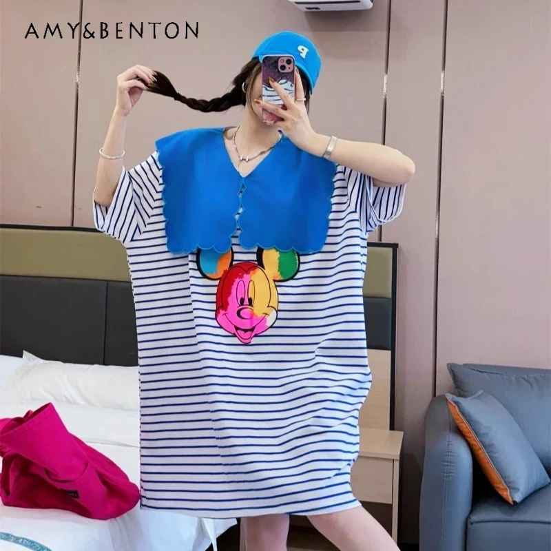 

Summer Fashion Clothes Cartoon Y2k Striped Casual Doll Collar T-shirt Dress Loose And Thin Oversized Short-sleeved Kawaii Tees