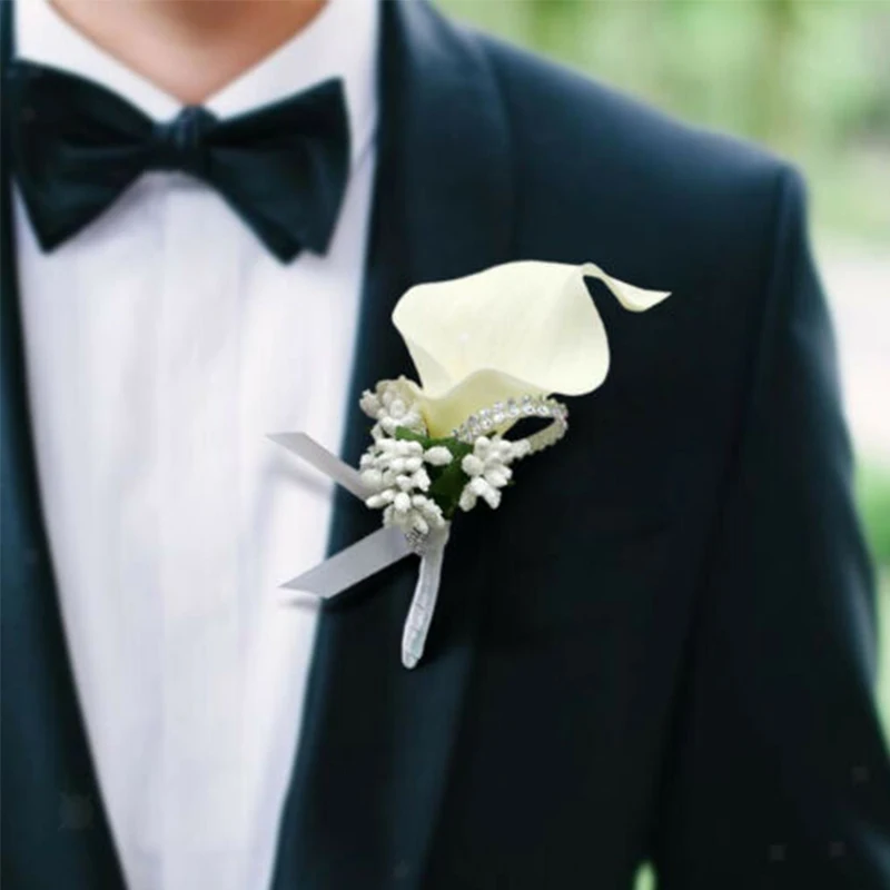 New Boutonnieres Flowers Artificial White Roses Silk Ivory Corsage Buttonhole Groomsmen Boutonniere for Men Wedding Accessories