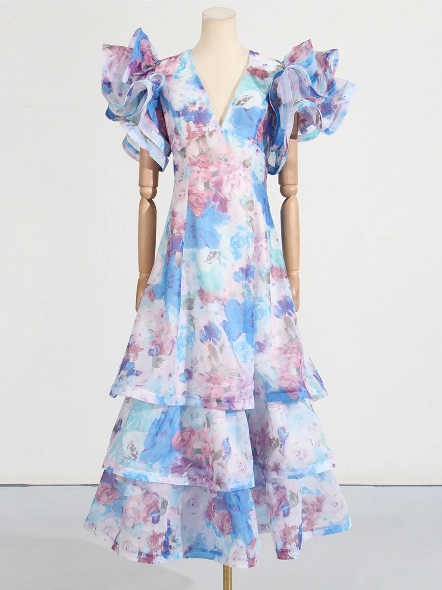 Vgh floral impressão emendado plissado vestidos longos para mulheres com decote em v manga curta cintura alta retalhos em camadas vestido longo feminino novo