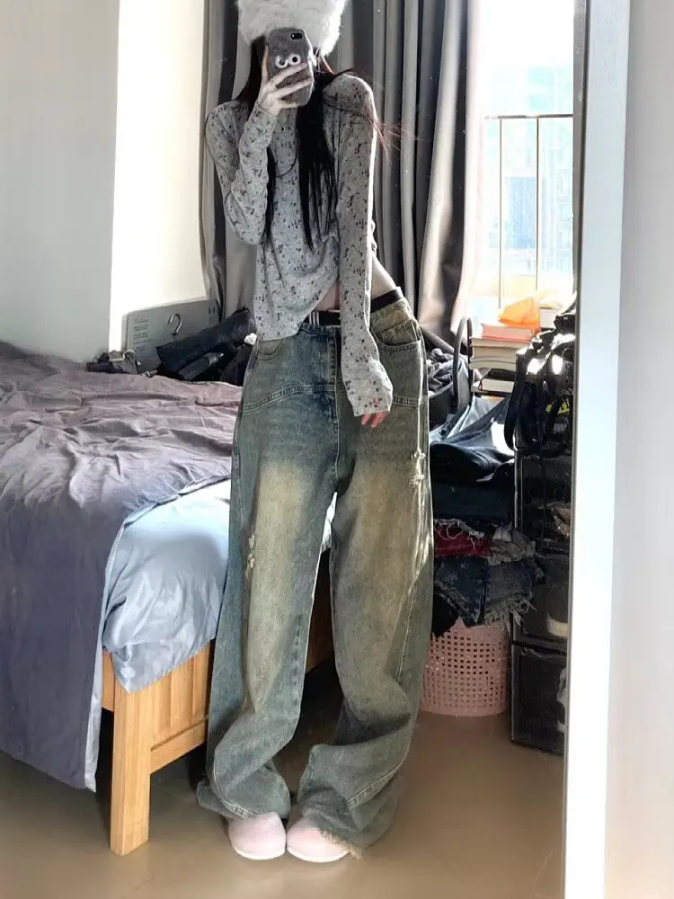 

Американские широкие джинсы с высокой талией, женские осенне-зимние свободные джинсы для похудения большого размера, повседневная одежда