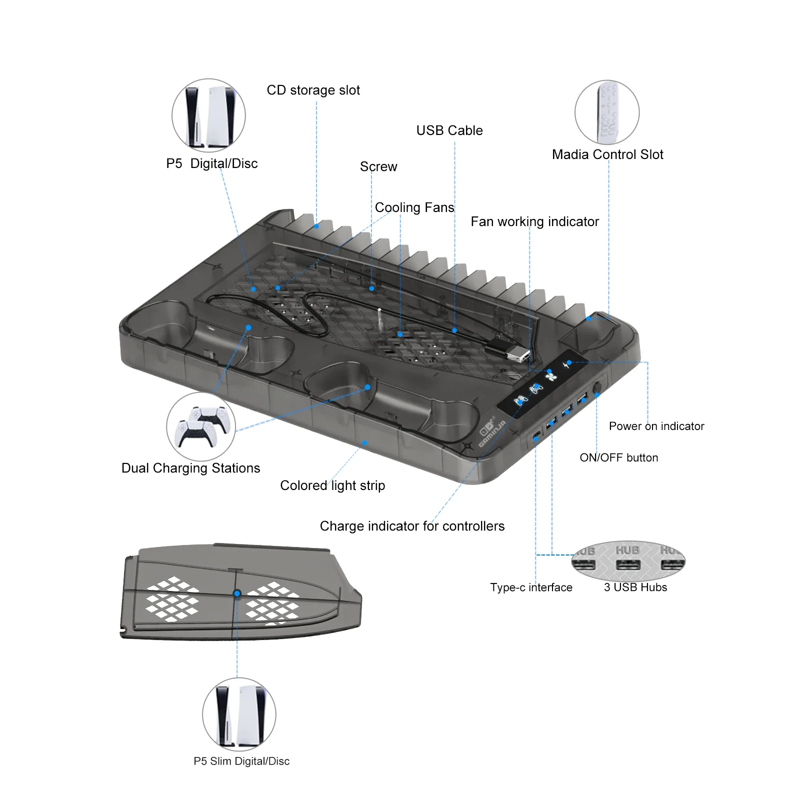 Base de console de jeu mince avec effet de lumière pour PS5 PS5, crochet de téléphone de sauna, stockage de disque de jeu, poignée T1, support de charge, 7 documents